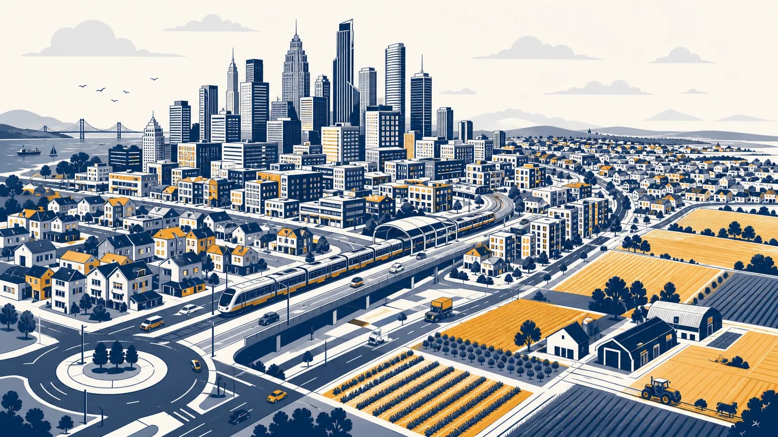 An illustrated city expanding outward and upward beside roads, housing, farmland, and public transport.