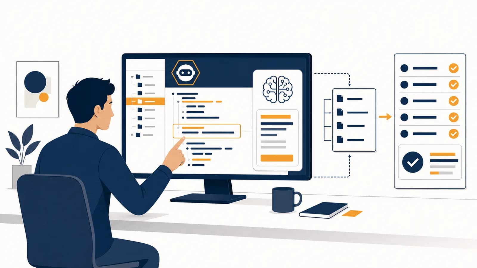 A person guides an AI coding assistant while program files and test results appear on a screen.