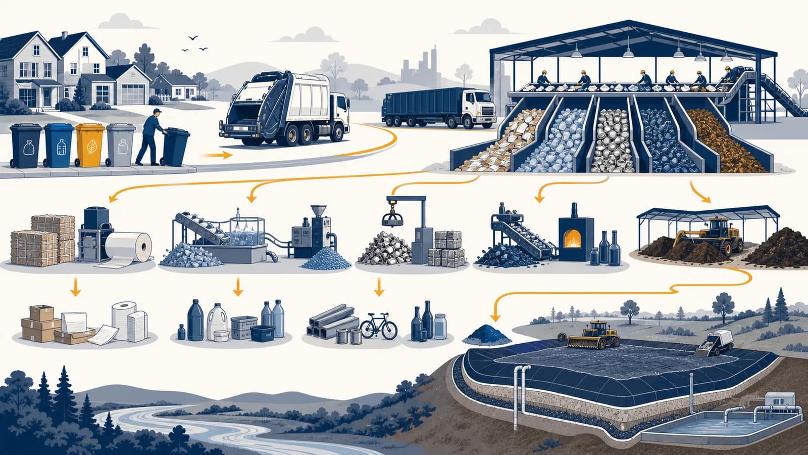 An illustration of household waste moving through collection, sorting, recycling, composting and safe disposal systems.