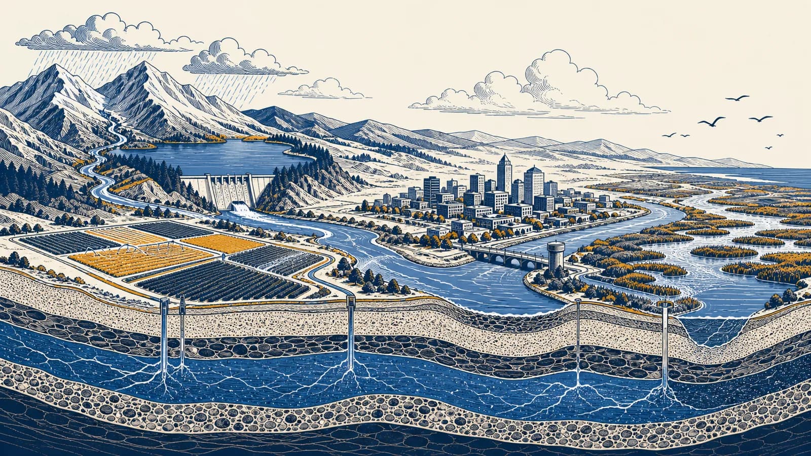 Illustration of a river basin linking mountains, a reservoir, farms, a city, wetlands, and an underground aquifer.