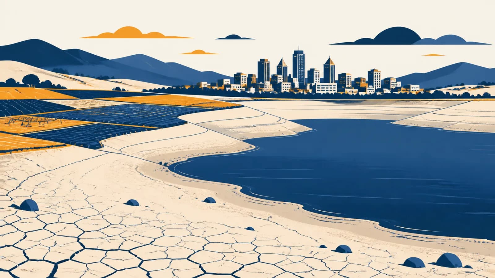 An illustration of a low reservoir beside farms, a city, and exposed dry ground.