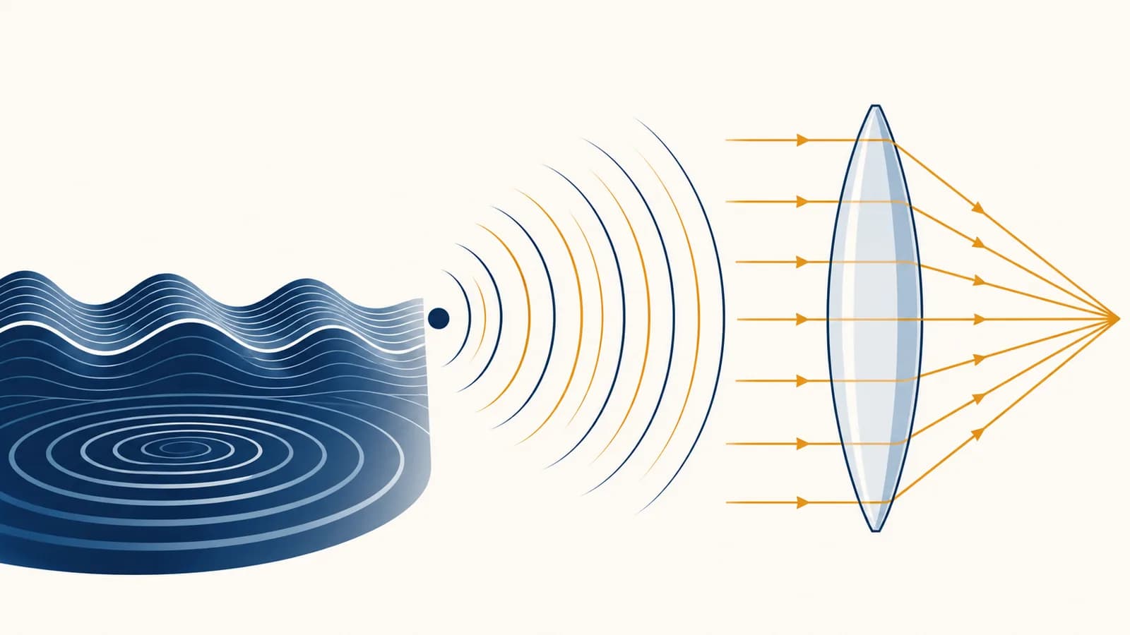 An illustration of water waves, sound waves, and light rays passing through a lens.