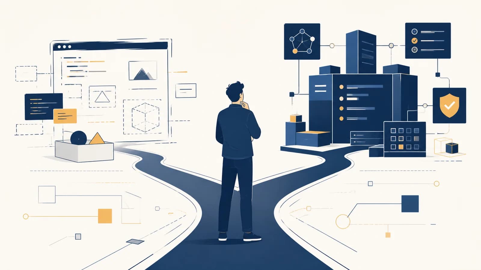 A developer compares a quick AI-generated prototype with a carefully reviewed production system at a branching path.