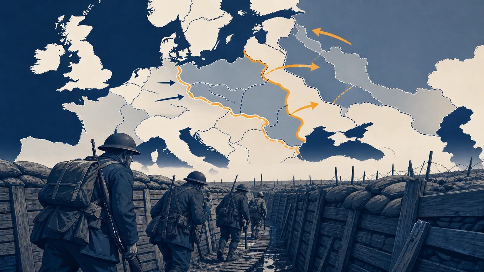 Soldiers move through a World War I trench beneath a map showing the conflict's shifting fronts and postwar borders.