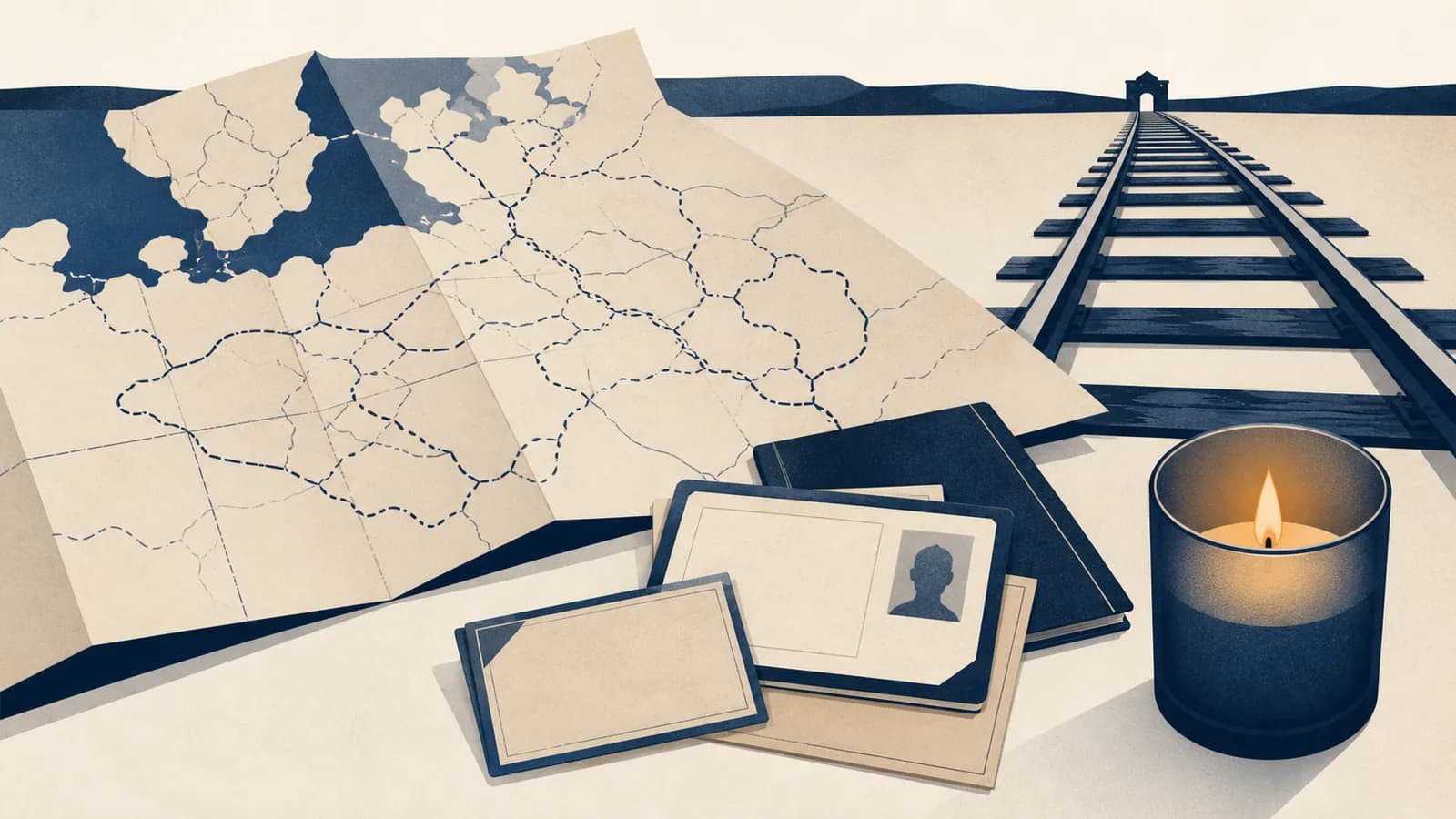 An illustrated wartime map beside railway tracks, identity papers, and a memorial candle representing World War II and the Holocaust.