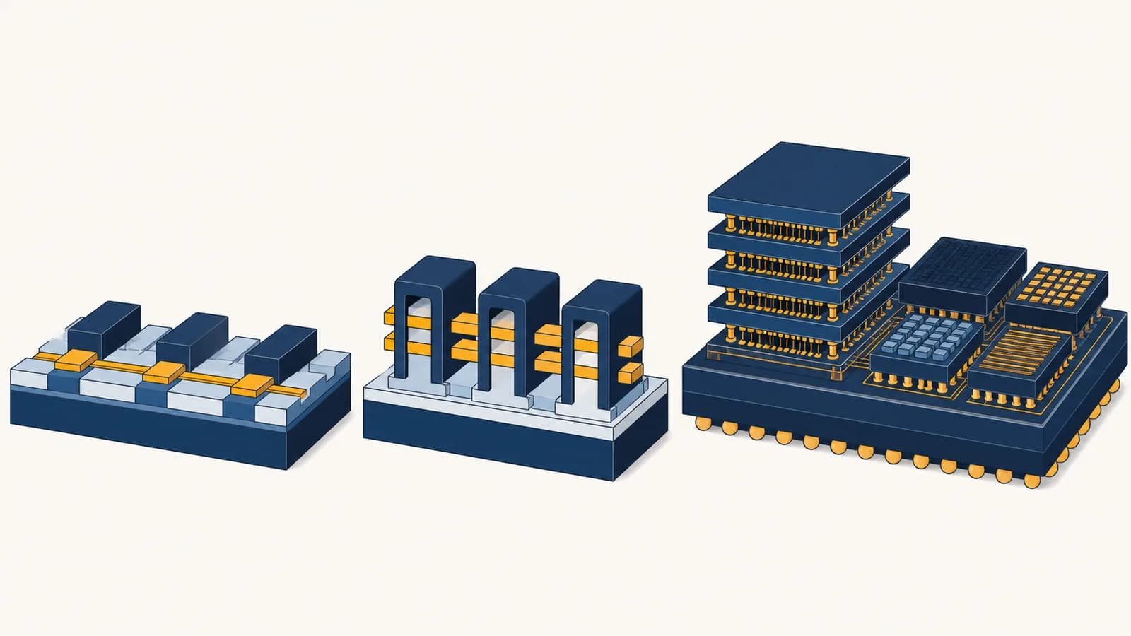 Why Transistors Are Running Out of Road An illustration shows flat transistors giving way to wrapped gates, stacked chiplets and specialized processor blocks.