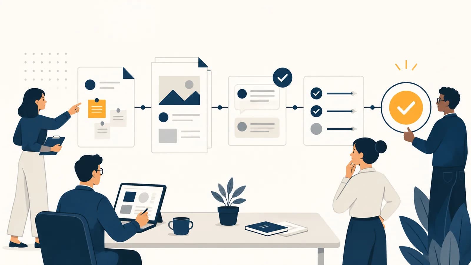 Automate the Boring and Keep Human Judgment A small team reviews an AI workflow of notes, drafts, checks, and approved decisions.