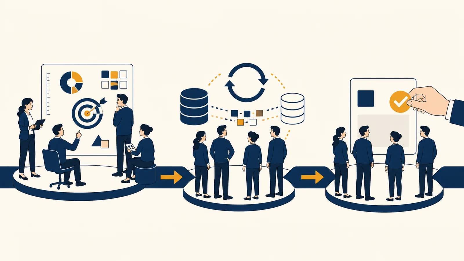 Define Refresh Decide for Better BI Standups A team follows a three-stage business intelligence flow from metric definition through data refresh to a recorded decision.