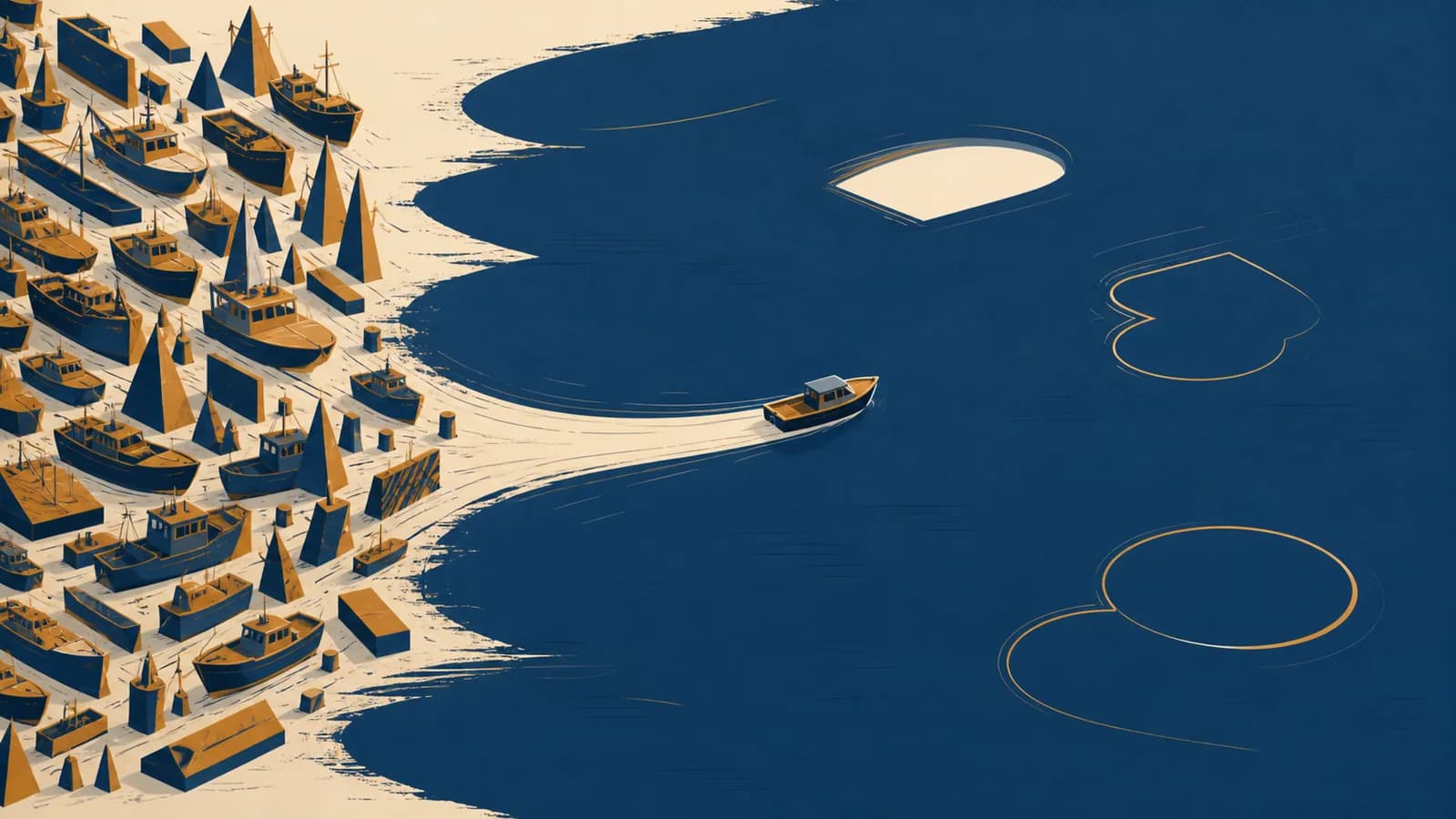Blue Ocean Strategy in Practice An illustration of a small boat leaving a crowded red market for open blue water marked with unmet customer needs.