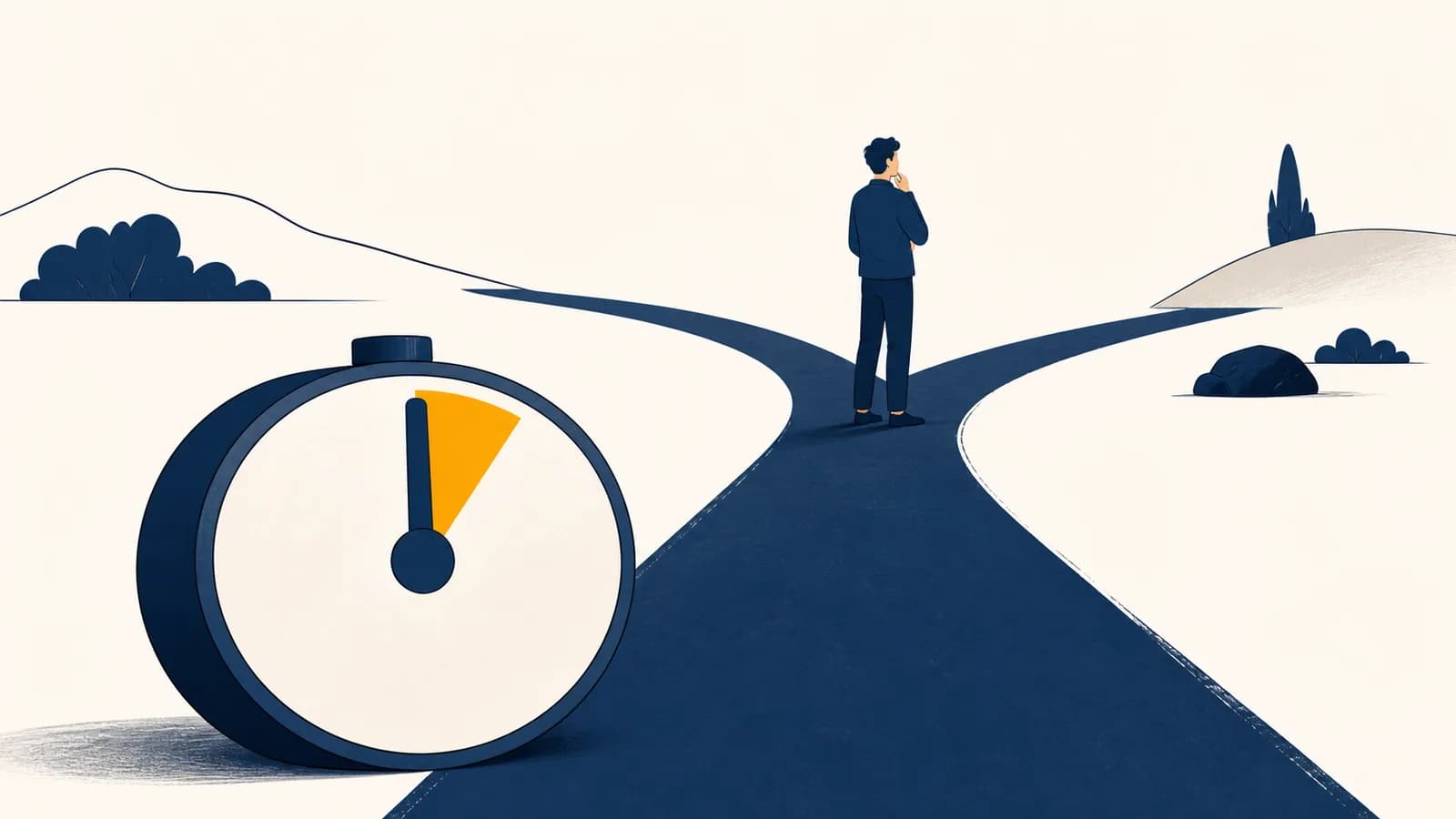 Why Smart People Make Bad Decisions Under Pressure A person pauses beside a branching decision path while a five-minute timer sits in the foreground.