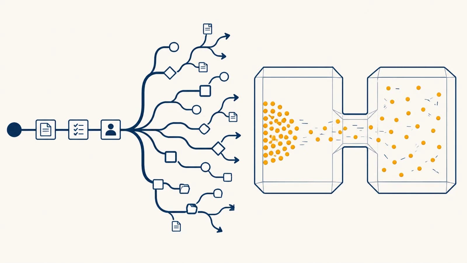 Entropy Is Not Chaos and Business Should Care An office workflow branching into many paths beside gas particles spreading between two connected chambers.