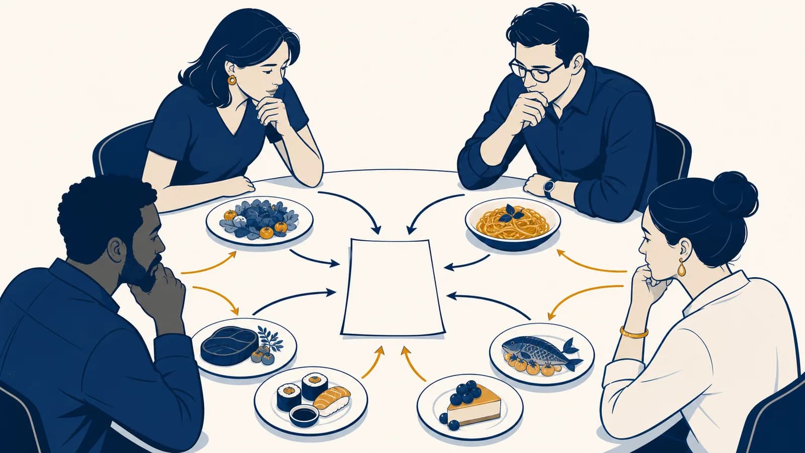 Why Rational Diners Make Irrational Deals Four diners study a shared bill while plates and choice arrows illustrate their competing incentives.