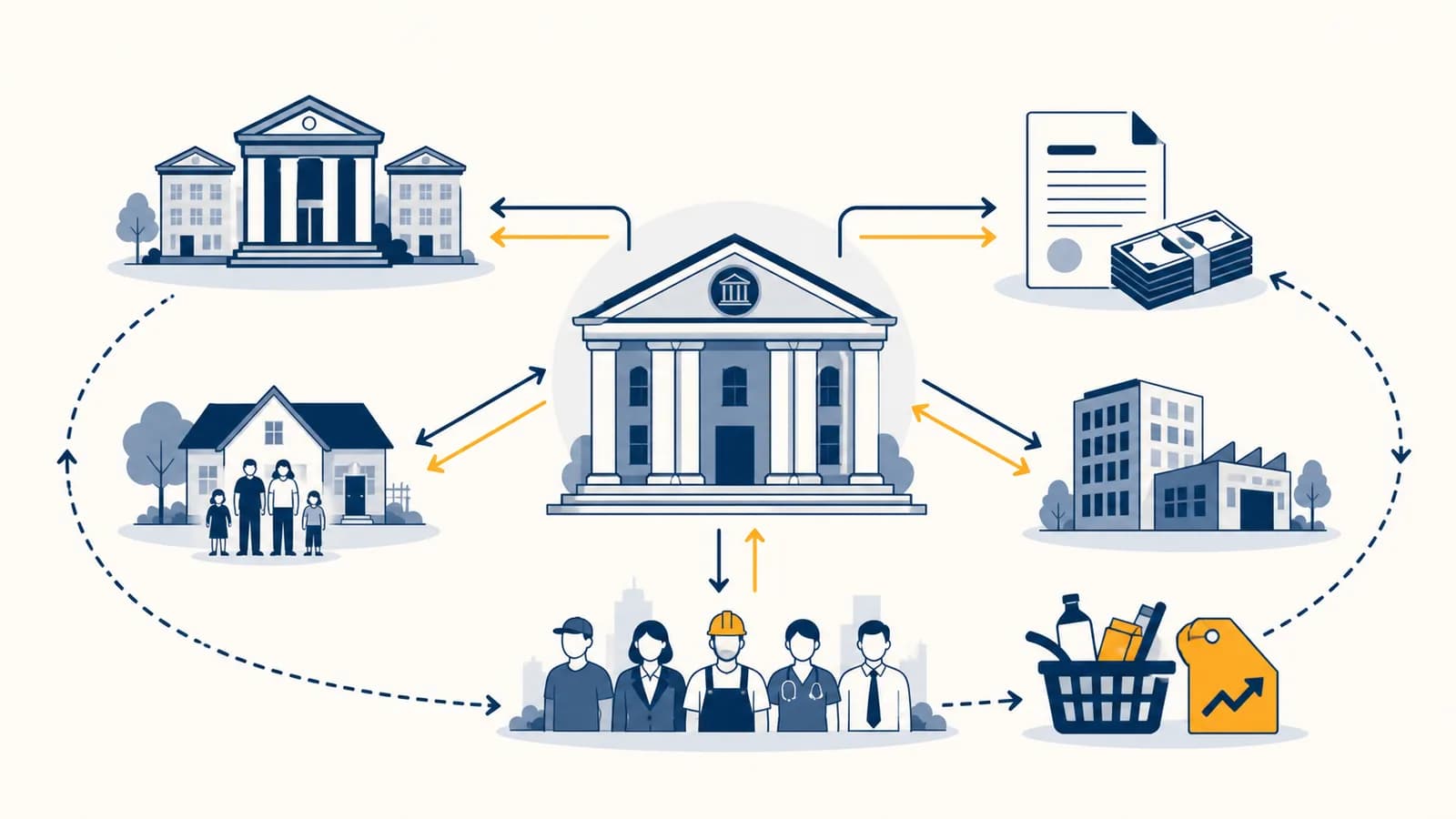 How Central Banks Actually Move Interest Rates An illustration showing a central bank connected by flows to commercial banks, loans, households, businesses, jobs, and prices.