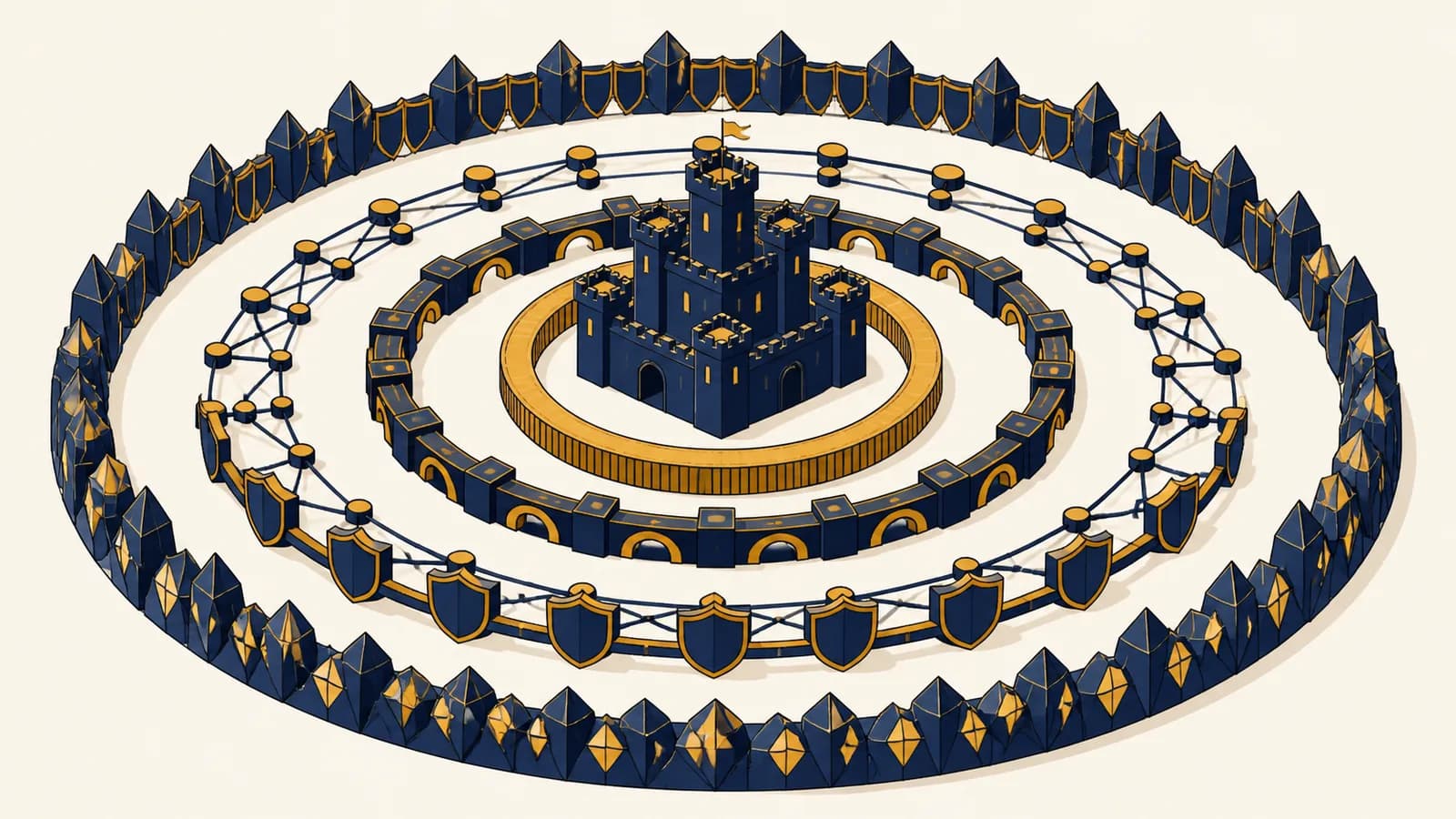 The Moat Checklist Buffett Uses to Judge Businesses An illustrated business castle protected by rings labeled cost, switching, network, brand, and scarcity.