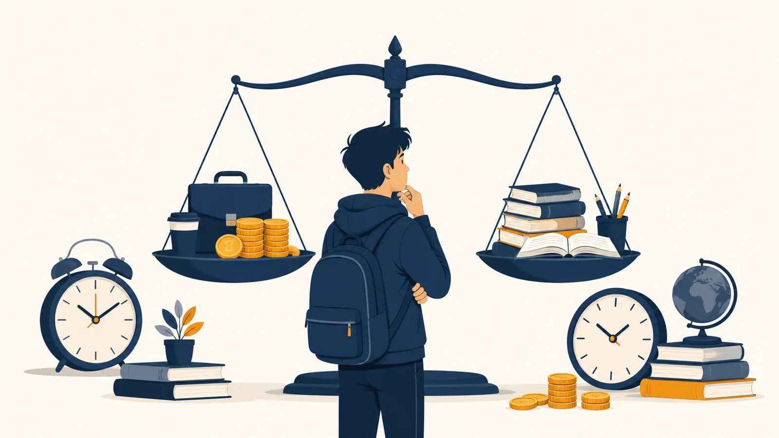 Opportunity Cost Is the Economics Lesson You Need A student weighs paid work against study time on a balance scale surrounded by clocks, books, and coins.