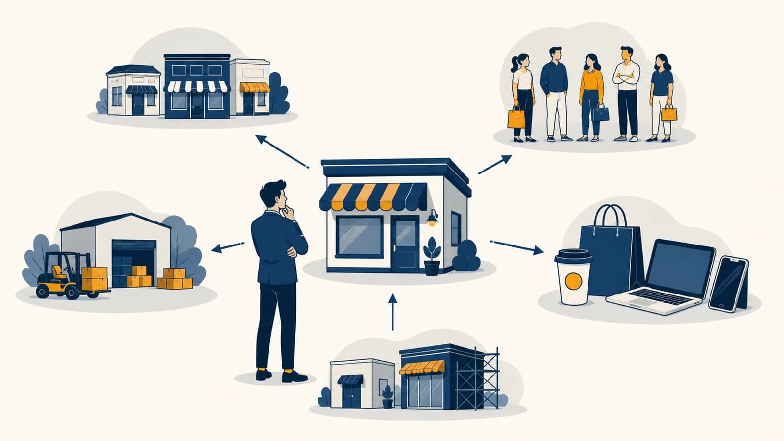 Porter's Five Forces for Better Business Decisions An illustrated business owner examining five competitive forces around a small company.