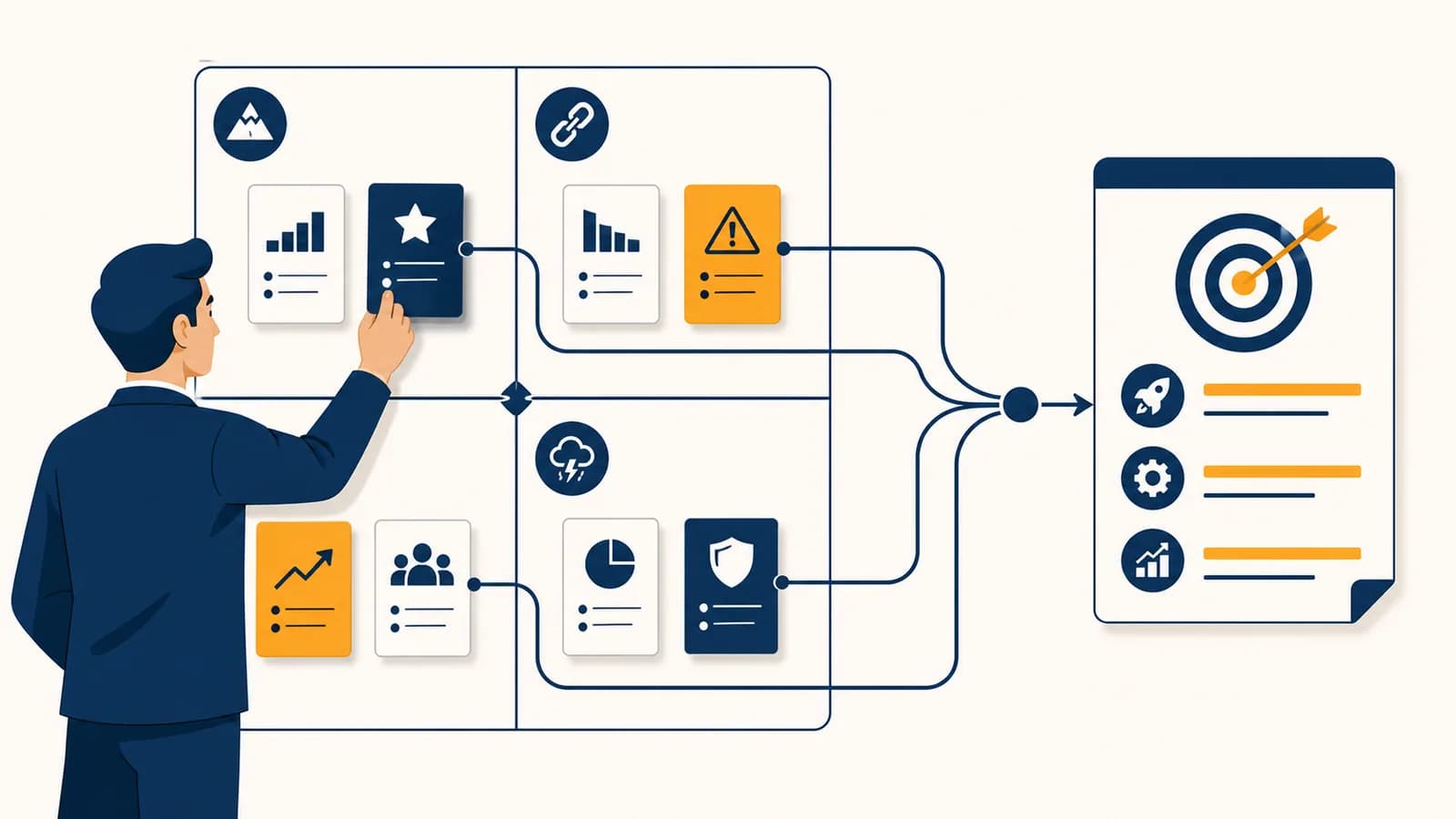 Turn a Competitor's Weakness Into Your SWOT Strategy An analyst connects evidence cards in a SWOT grid to a focused strategy plan.