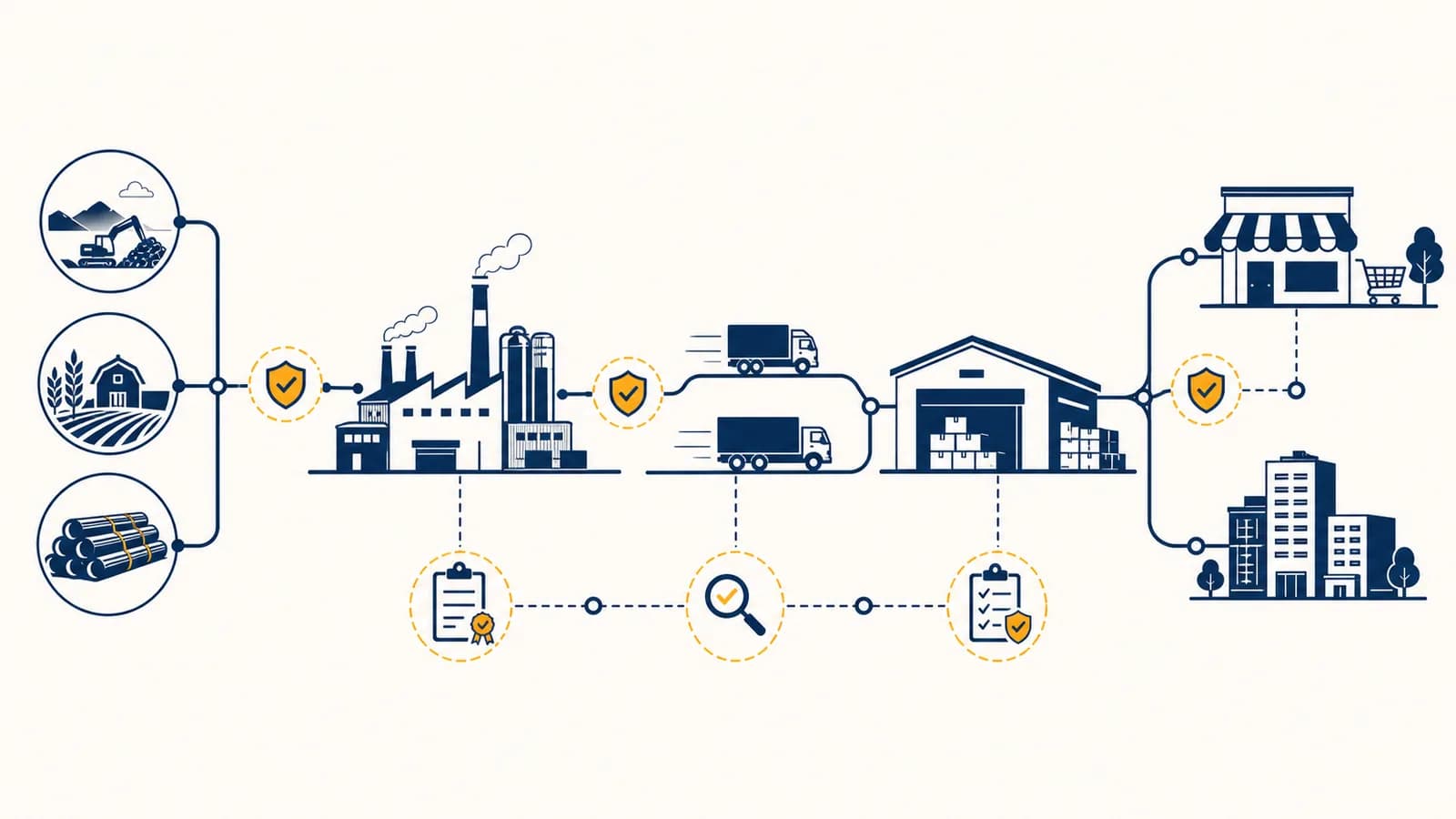 Preventing Risk and Compliance Supply Chain Failures An illustration of connected suppliers, factories, trucks, warehouses, and compliance checkpoints across a supply chain.