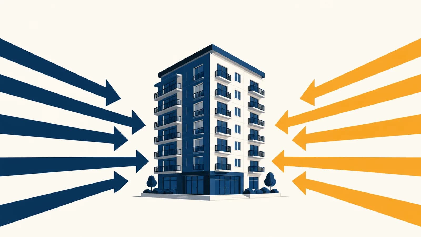 Supply, Demand, and the Rent You Pay An apartment building stands between converging arrows representing housing supply and renter demand.