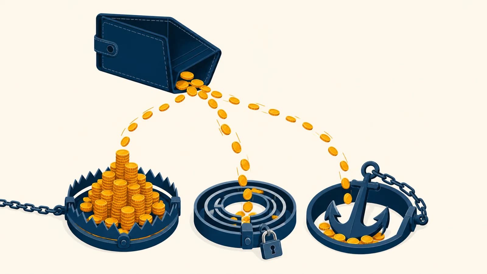 Three Money Biases Draining Your Bank Account An illustration of a wallet leaking coins into three labeled traps for sunk cost, status quo, and anchoring bias.