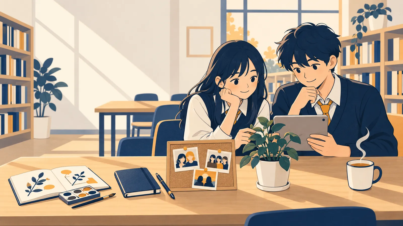 Two learners reflecting on a tablet in a sunlit study room